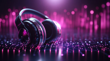 A pair of stylish black headphones rests on a vibrant neon background, creating an energetic and modern atmosphere ideal for music and leisure activities.の素材