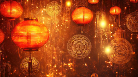 A captivating scene featuring vibrant red lanterns glowing warmly, creating a magical atmosphere perfect for celebrations and festive gatherings.の素材