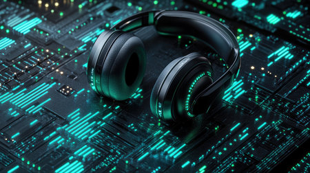 A pair of modern headphones resting on a vibrant circuit board, illuminated with bright neon accents, representing innovation and cutting-edge technology in audio gadgets.の素材