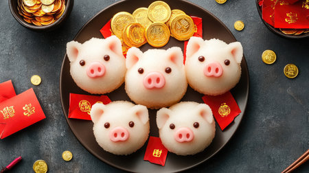 Delightful pig-shaped treats adorned with festive decorations, perfect for Lunar New Year gatherings. These charming desserts symbolize prosperity and joy.の素材
