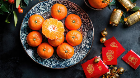 A vibrant arrangement of fresh oranges on a decorative plate, surrounded by traditional red envelopes and festive ornaments, symbolizing prosperity and joy during celebrations.の素材