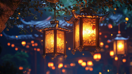 Beautifully crafted lanterns cast a warm glow in a tranquil garden setting, creating an enchanting atmosphere perfect for evening gatherings or celebrations.の素材
