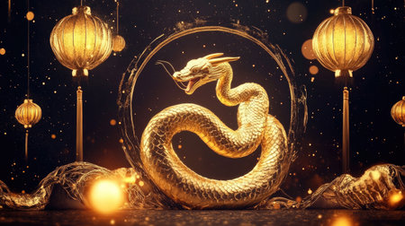 A stunning golden dragon coils gracefully amidst glowing lanterns and soft sparkles, perfect for celebrating cultural festivals and symbolizing prosperity.の素材
