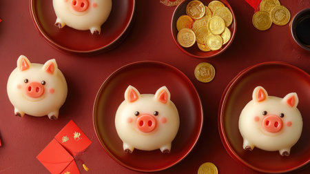 Delight in these adorable pig-shaped dumplings placed on vibrant red plates, surrounded by gold coins, symbolizing prosperity and enjoyment during festive celebrations.の素材