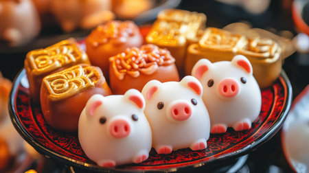 This vibrant image showcases a plate of adorable pig-shaped desserts and festive treats, perfect for celebrations and holiday gatherings, enticing viewers with delightful colors and creative designs.の素材