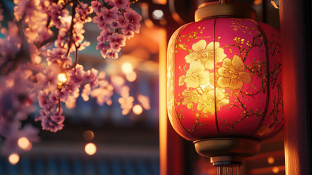 A stunning lantern with intricate floral patterns glows softly, surrounded by cherry blossoms, creating a serene and enchanting atmosphere in the evening light.の素材