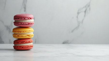 A trio of colorful macarons stacked on a smooth marble surface, creating an elegant and minimalist presentation perfect for delicious dessert photography.の素材