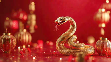 A stunning golden snake sculpture set against a vibrant red backdrop, adorned with festive lanterns, symbolizing prosperity and luck in celebrations.の素材