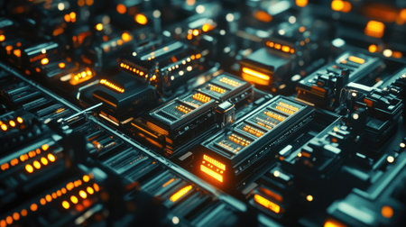 This image captures a detailed view of a futuristic circuit board featuring glowing orange elements among intricate electronics. Perfect for technology themes.の素材