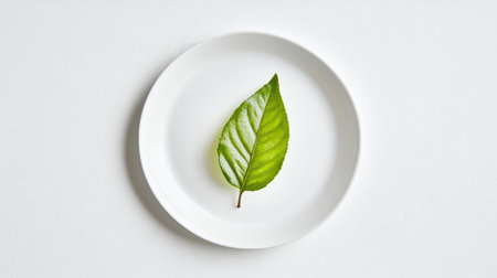 A vibrant green leaf sits on a simple white plate, showcasing a minimalistic approach to nature's beauty. The clean background enhances the freshness and organic essence of the leaf.の素材