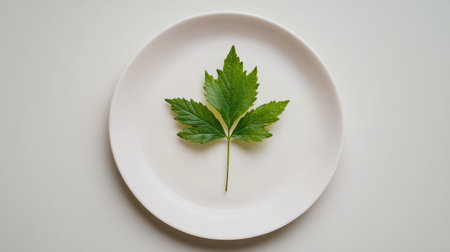 A fresh green leaf rests on a clean, white plate, symbolizing simplicity and organic beauty. This still life showcases the essence of nature and health.の素材