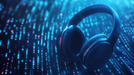 This image showcases a pair of sleek wireless headphones set against a vibrant digital backdrop, emphasizing modern technology and immersive sound.の素材