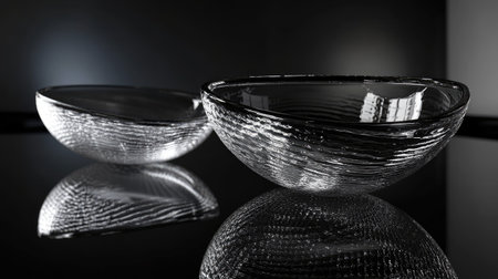Two elegant glass bowls featuring a textured surface rest on a reflective background, showcasing a modern design that enhances any dining or decor setting.の素材