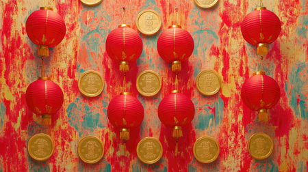 This striking image features vibrant red lanterns and shiny golden coins arranged on a colorful rustic background, symbolizing prosperity and celebration.の素材