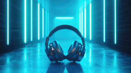 Stylish black headphones rest on a reflective floor, surrounded by vibrant neon lights. This image captures the essence of modern audio technology and immersive listening experiences.の素材
