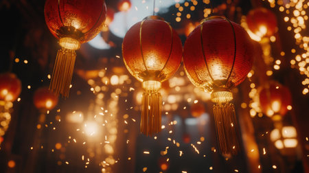 Vibrant red lanterns dangle against a sparkling backdrop, creating a magical and festive nighttime atmosphere perfect for celebrations and cultural events.の素材