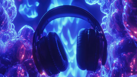This captivating image features stylish headphones surrounded by vibrant, colorful bubbles, creating a dynamic and energetic atmosphere perfect for music and technology themes.の素材
