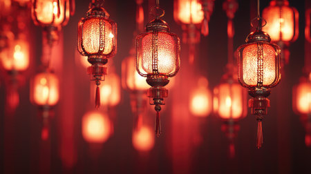 A stunning display of red lanterns hanging gracefully, casting a warm glow against a dark background. Perfect for celebrating traditions and festivities.の素材