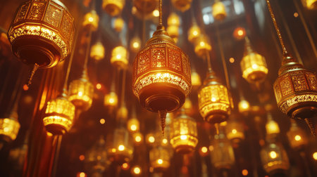 Beautifully designed ornate lanterns hang gracefully, emanating a warm glow in a dimly lit space. The intricate details create a mesmerizing atmosphere, perfect for ambiance.の素材