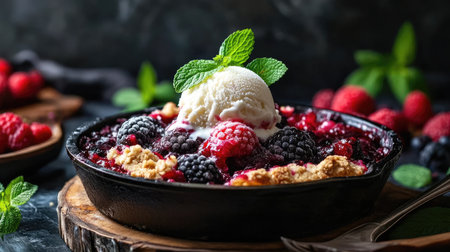 A tempting bowl of mixed berry cobbler topped with vanilla ice cream and fresh mint. Perfect for a summer dessert, this sweet treat combines rich flavors and a delightful presentation.の素材