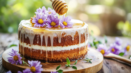 A stunning cake adorned with fresh flowers and honey drizzling down. Perfect for celebrations or festive gatherings, this dessert captures natural beauty.の素材