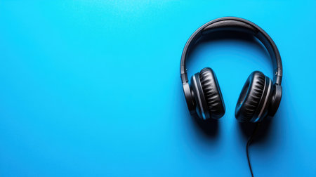 A stylish pair of black headphones rests on a vibrant blue background, perfect for illustrating themes of music, comfort, and audio enjoyment in various contexts.の素材
