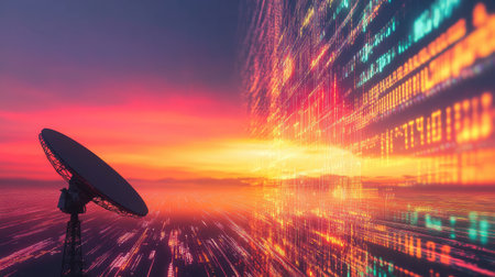 A dramatic sunset scene features a satellite dish with vibrant digital data flows, symbolizing communication technology and data transmission in a modern world.の素材