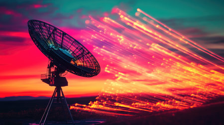 A captivating satellite dish stands against a vibrant sunset, enhanced by dynamic motion blur. The scene embodies technology and nature, showcasing communication advancements.の素材