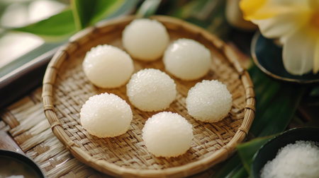 A beautiful arrangement of round white desserts displayed on a bamboo tray, surrounded by green leaves and tropical elements, showcasing an exotic culinary treat.の素材