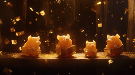 Adorable pig figurines shine amidst sparkling gold confetti, creating a festive and joyful atmosphere. Perfect for celebrations, decorations, or gifts.の素材