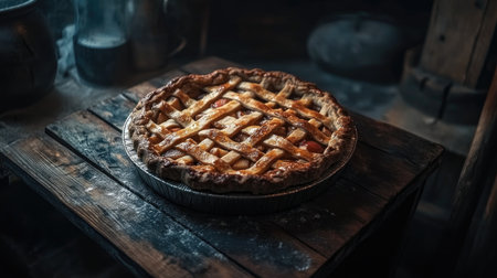 A beautifully baked apple pie with a golden lattice crust, placed on a rustic wooden table. Perfect for autumn gatherings and home-cooked meals.の素材