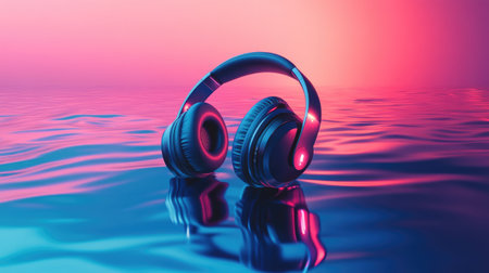 This artistic image features stylish headphones glowing with vibrant colors, beautifully reflected on a serene water surface, conveying a sense of creativity and relaxation.の素材