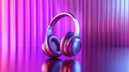A stunning image of modern headphones resting on a reflective surface, illuminated by vibrant purple and blue lights, creating a futuristic atmosphere.の素材