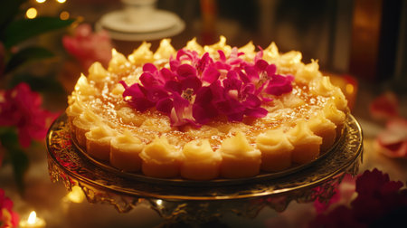 A stunning dessert featuring a floral arrangement of orchids atop a creamy cake, beautifully presented for a special celebration, evoking luxury and indulgence.の素材