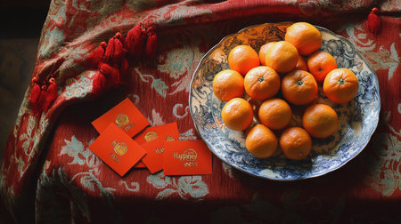 A beautifully arranged still life featuring fresh citrus fruits on a decorative plate, complemented by vibrant red envelopes, perfect for festive occasions.の素材