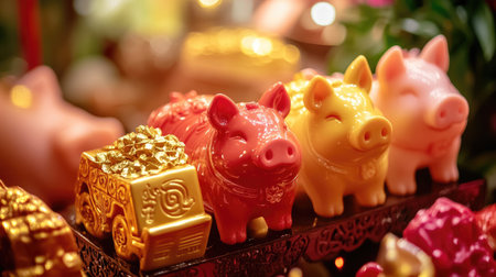 Charming collection of colorful pig figurines representing wealth and prosperity, perfect for cultural celebrations and festive decorations, bringing joy and luck to any setting.の素材