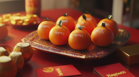 A beautiful arrangement of fresh oranges with "Happiness" notes, elegantly displayed on a vibrant red table. This festive setup symbolizes joy and prosperity, perfect for celebrations.の素材