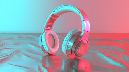 Vibrant modern headphones resting on a reflective surface, illuminated by neon lights. This stylish design showcases audio technology blending with aesthetics.の素材