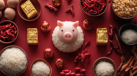 A vibrant and festive arrangement featuring a pig figurine on rice, surrounded by traditional Chinese New Year decorations, symbolizing prosperity and unity.の素材