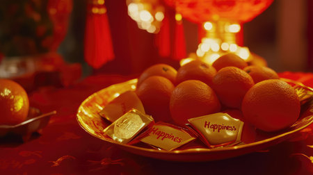 A beautifully arranged plate of fresh oranges alongside gold foil gifts symbolizes happiness and prosperity, perfect for a festive celebration.の素材