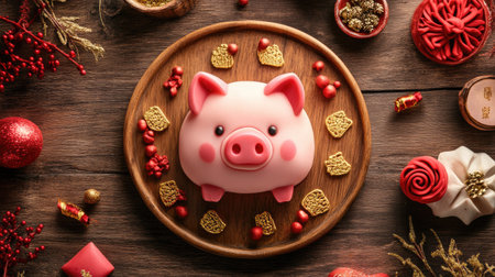 A cute pink pig cake sits on a wooden plate, surrounded by festive decorations and treats. Ideal for celebrations or holiday themes, it showcases creativity and joy.の素材