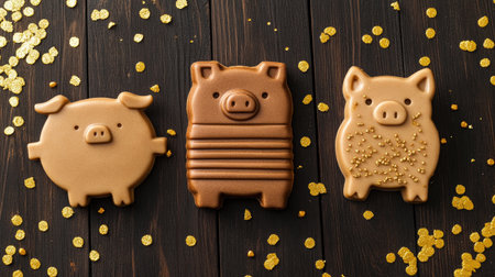 Delightful pig-shaped cookies adorned with golden sprinkles on a rustic wooden table. Perfect for celebrations, parties, or festive gatherings, these sweet treats are both cute and delicious.の素材