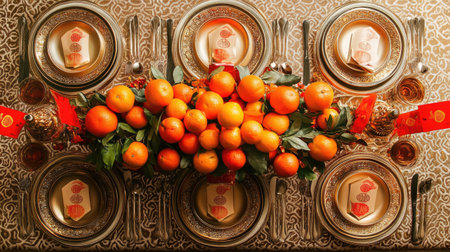A beautifully set dining table adorned with fresh oranges and elegant dishware, creating a warm and inviting atmosphere perfect for festive celebrations.の素材