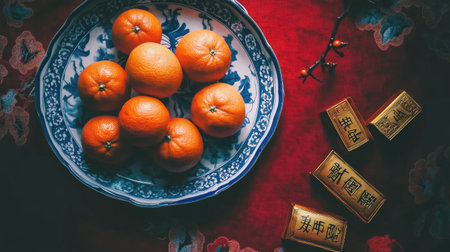 A vibrant arrangement of fresh oranges on a decorative plate against a rich red background, symbolizing prosperity and celebration in Chinese culture.の素材