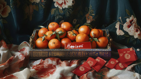 A beautifully arranged tray of fresh oranges with a card reading "Happiness," set against a floral fabric backdrop, conveying themes of joy and abundance.の素材
