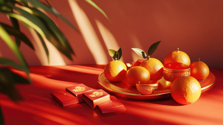 This vibrant still life features fresh oranges arranged artfully on a decorative plate, complemented by decorative items, creating a warm atmosphere ideal for festive occasions.の素材