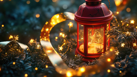 A charming red lantern adorned with twinkling stars and warm lights, nestled among lush greenery, creating a cozy and festive atmosphere for winter celebrations.の素材