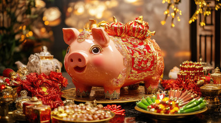 This vibrant pig figurine, adorned with red and gold decorations, symbolizes prosperity and joy. Surrounded by festive items, it embodies celebration and cultural richness.の素材