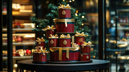 A visually stunning arrangement of red gift boxes adorned with gold ribbons, perfectly set for the holiday season. Ideal for festive decoration inspiration.の素材