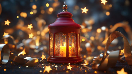 A cozy red lantern with a flickering candle sits amid sparkling star lights and shimmering ribbons, creating a warm and festive atmosphere for winter celebrations.の素材